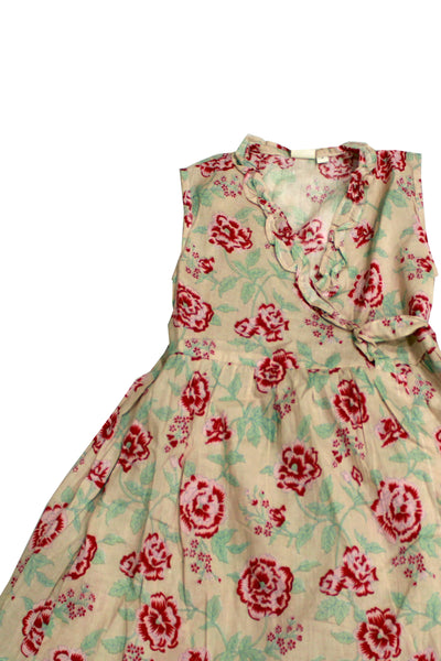 Cotton Floral Print Girls Frock in Beige Angrakha Style