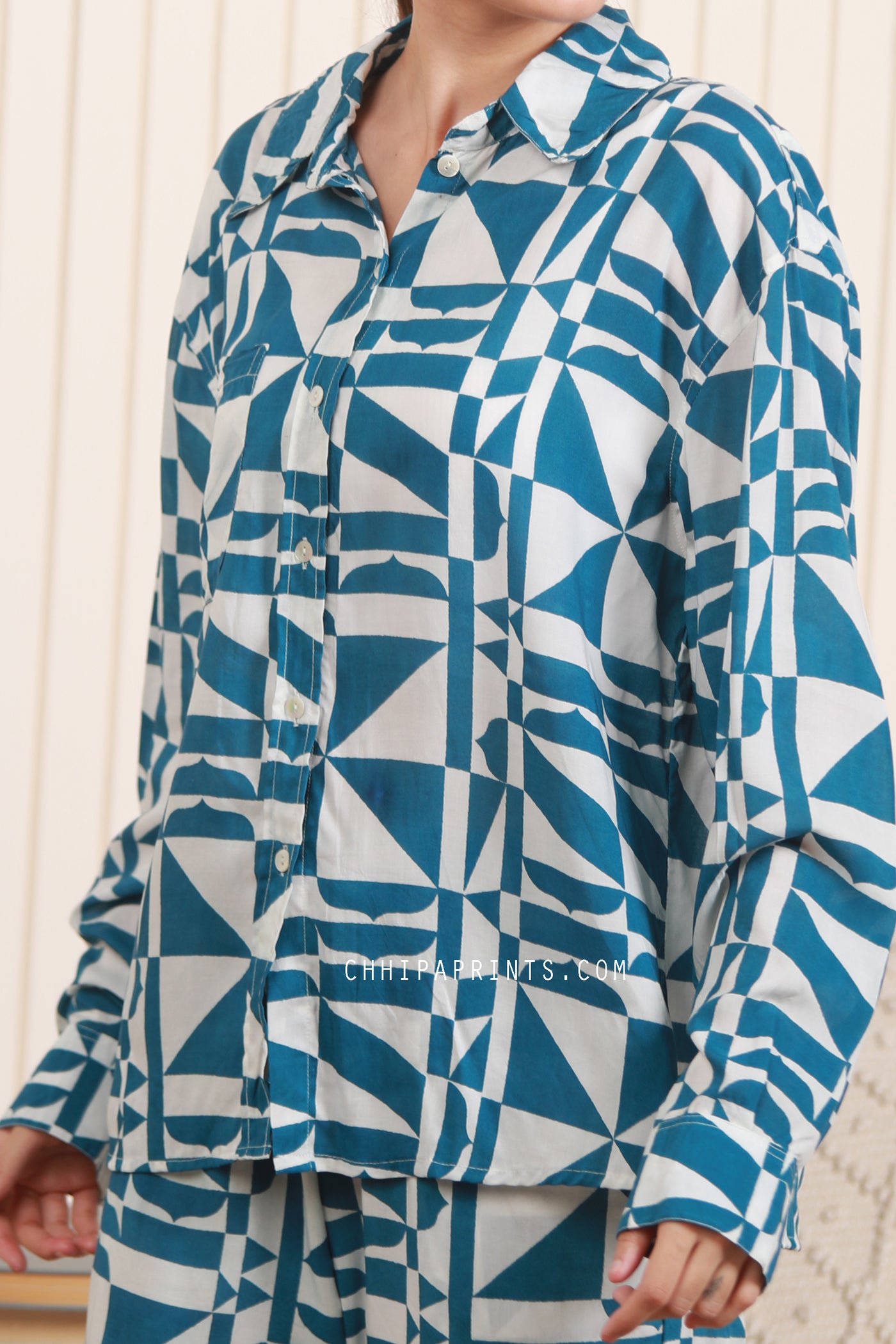 Cotton Modal Abstract Print Co Ord Set in Teal Blue