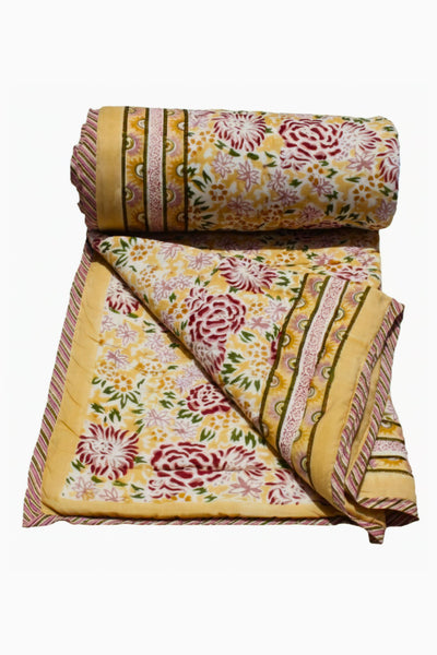 Quilt Rose Flower Jaal Hand Block Print in Yellow