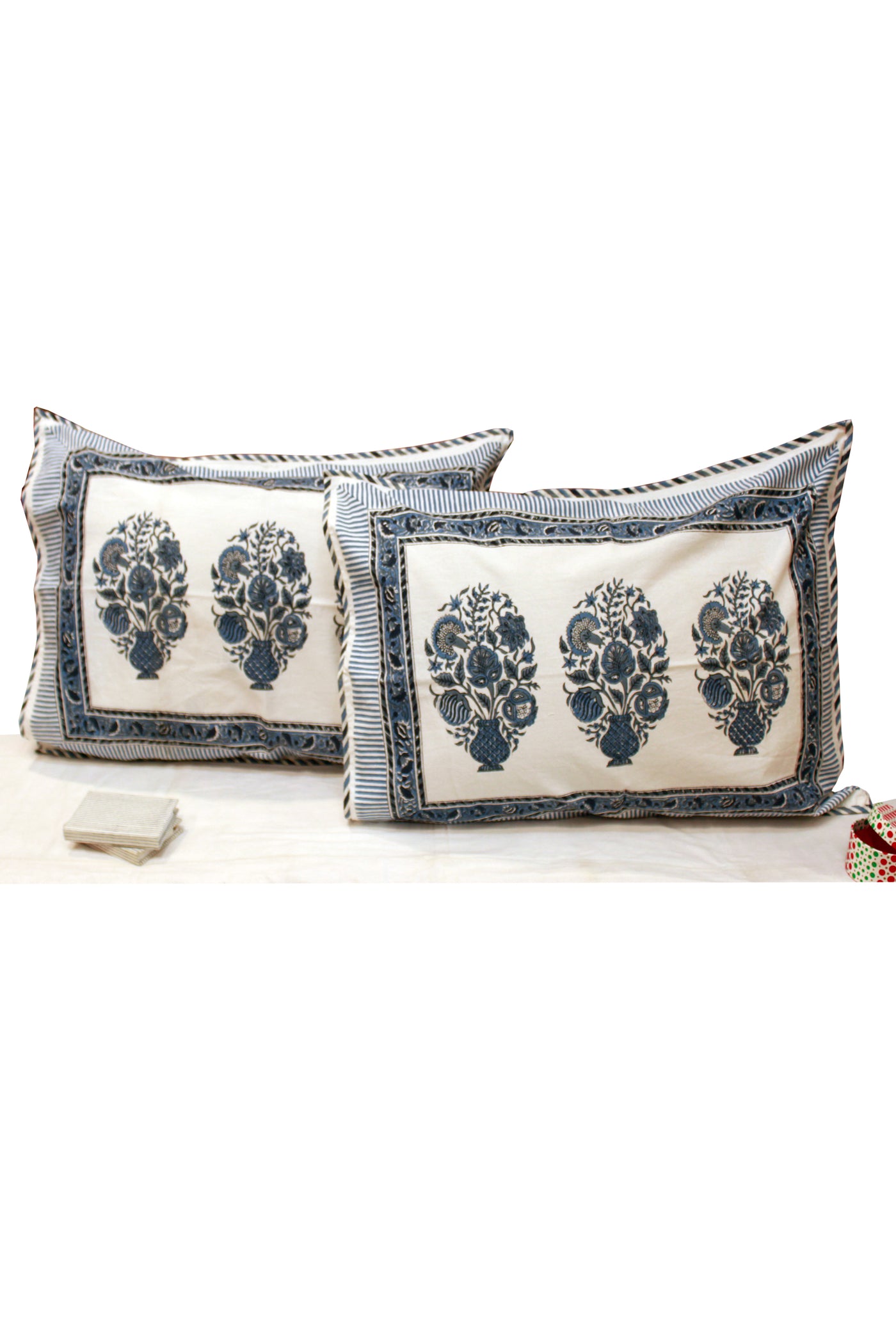 Cotton Mughal Buta Hand Block Print Pillow Cover in bLUE