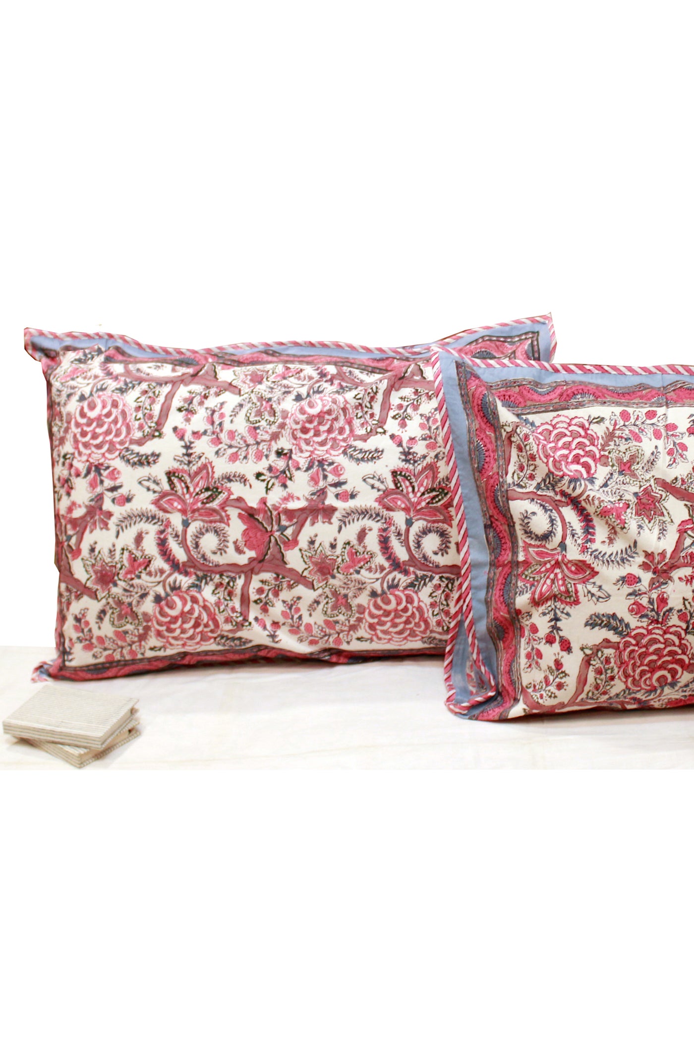 Cotton Big Flower Jaal Hand Block Printed Pillow Cover in Sea Blue and Pink