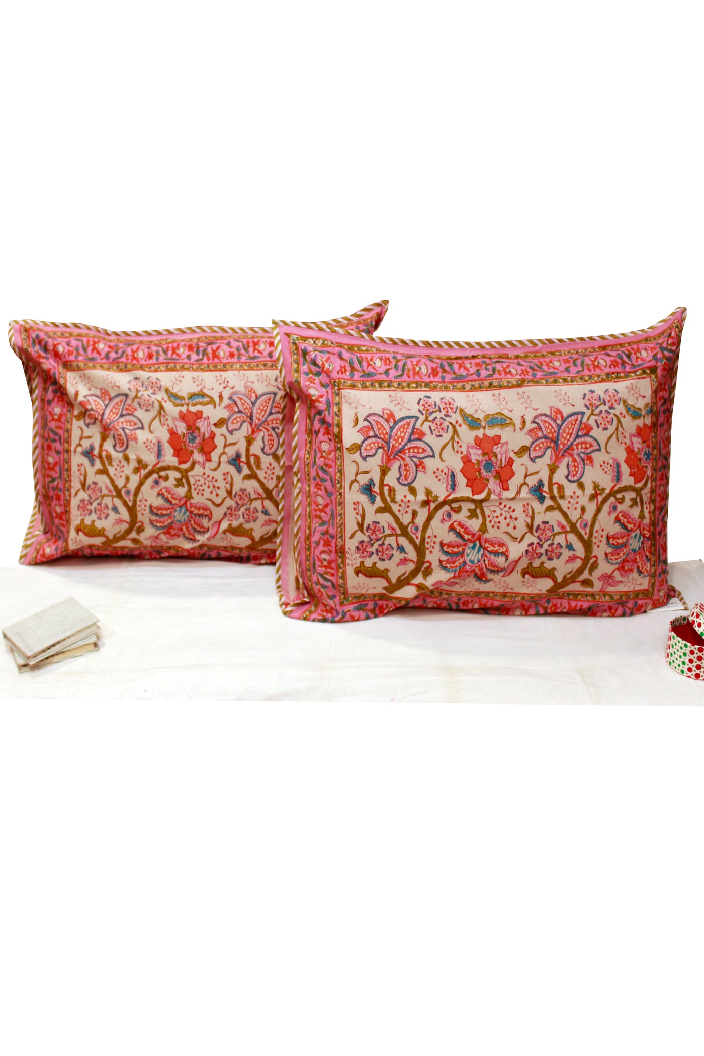 Cotton Flower Jaal Hand Block Printed Pillow Cover in Blossom Pink