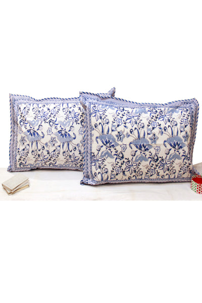 Cotton Floral Jaal Hand Block Printed Pillow Cover in Powder Blue