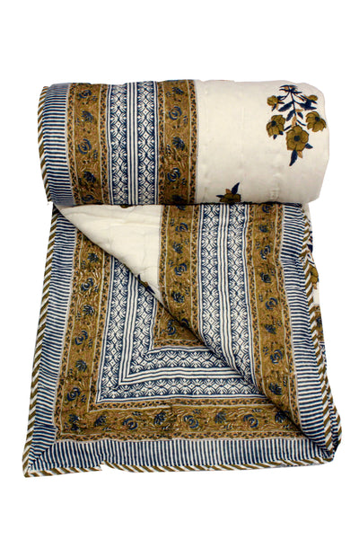 Quilt Mughal Buta Hand Block Print in Olive Green
