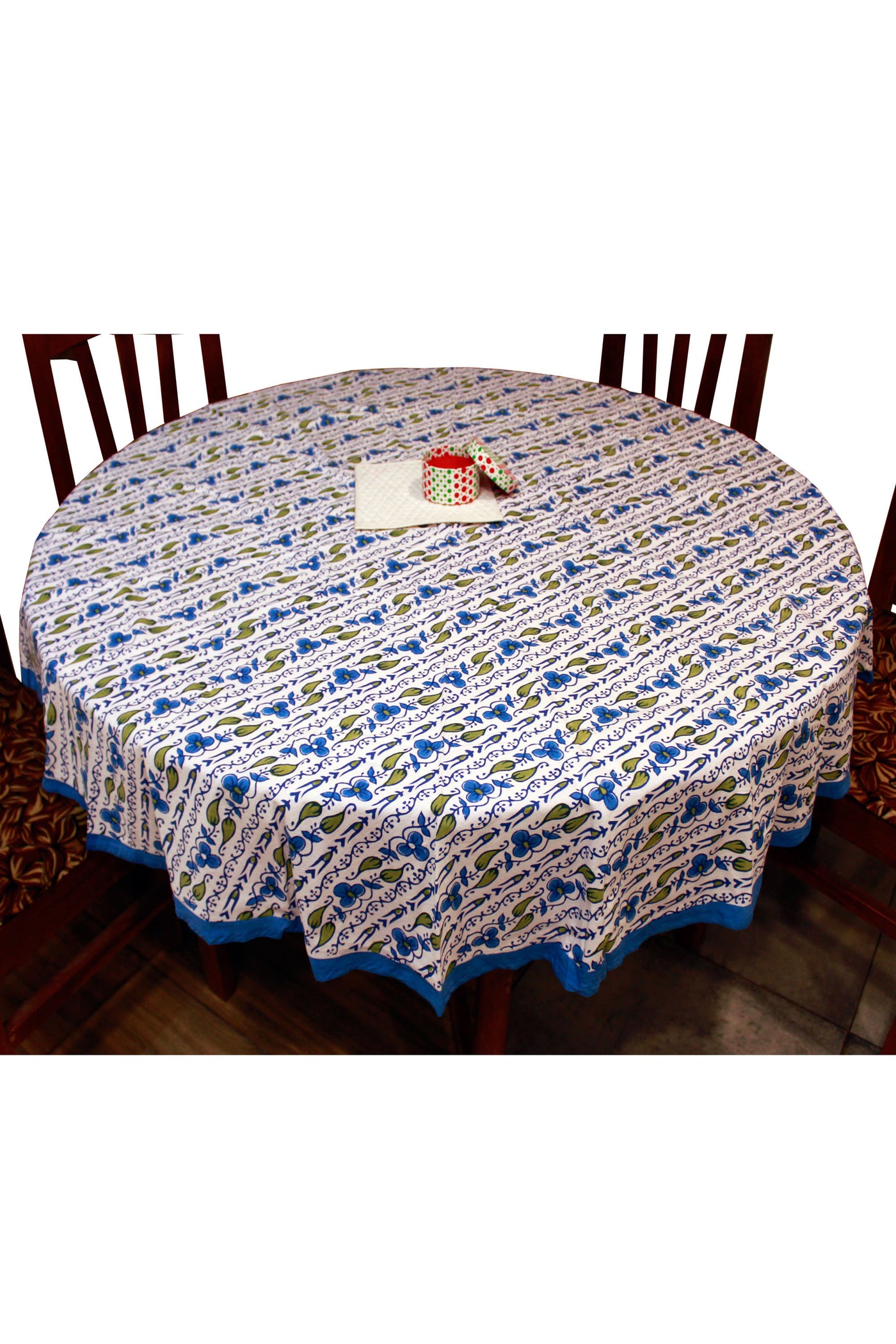 Round Table Cover Border Print in Blue