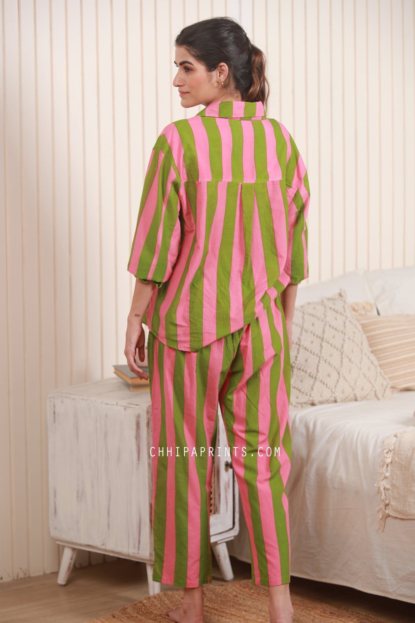 Cotton Stripe Print Co Ord Set in Shades of Green And Candy Floss