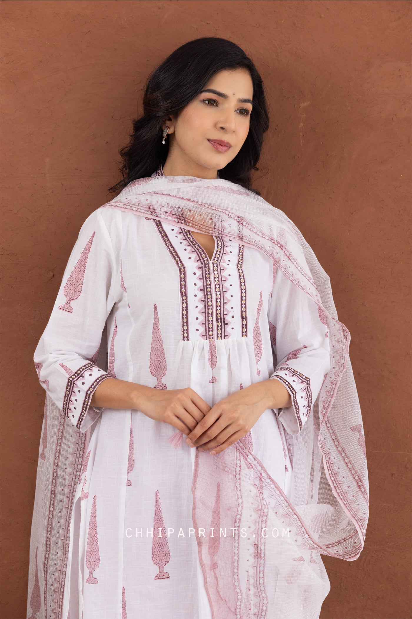 Cotton Block Print Mughal Buta Kurta Set in Cameo Pink