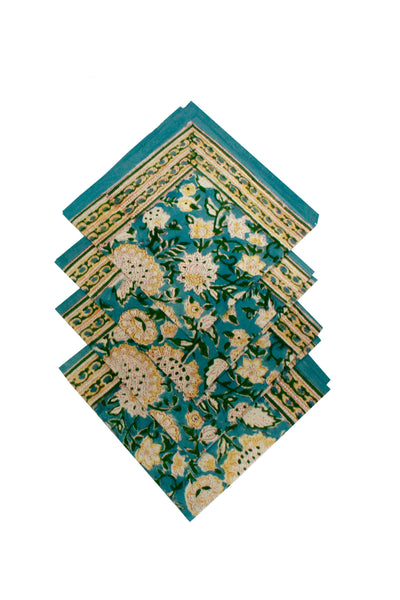 Mahin Flower Jaal Hand Block Print Table Napkin in Sea Green