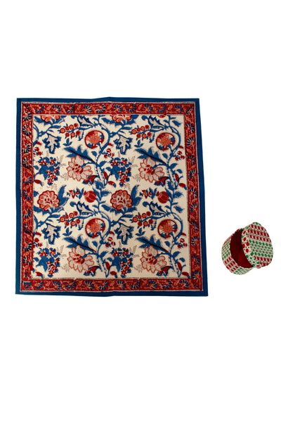 Flower Jaal Hand Block Print Table Napkin in Red and Blue