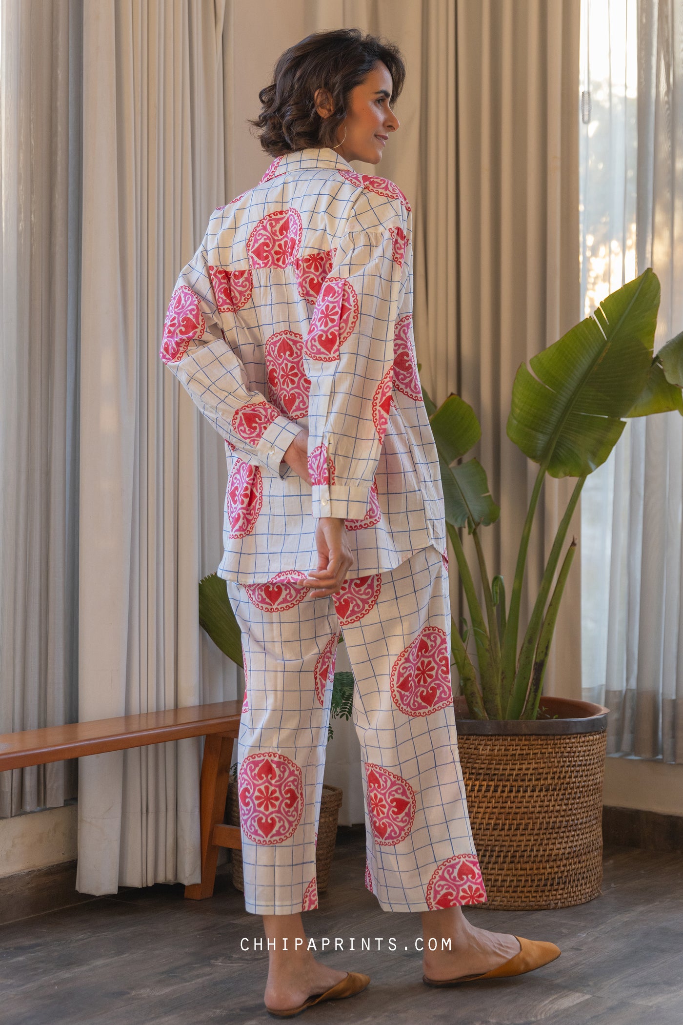 COTTON MANDALA CHECK PRINT SHIRT & PANT CO ORD SET IN Hot Pink