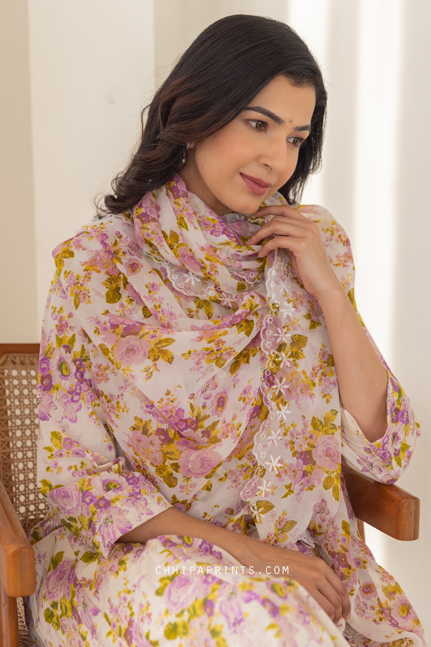 COTTON CHINTZ FLORAL PRINT KURTA SET IN SHADES OF PURPLE