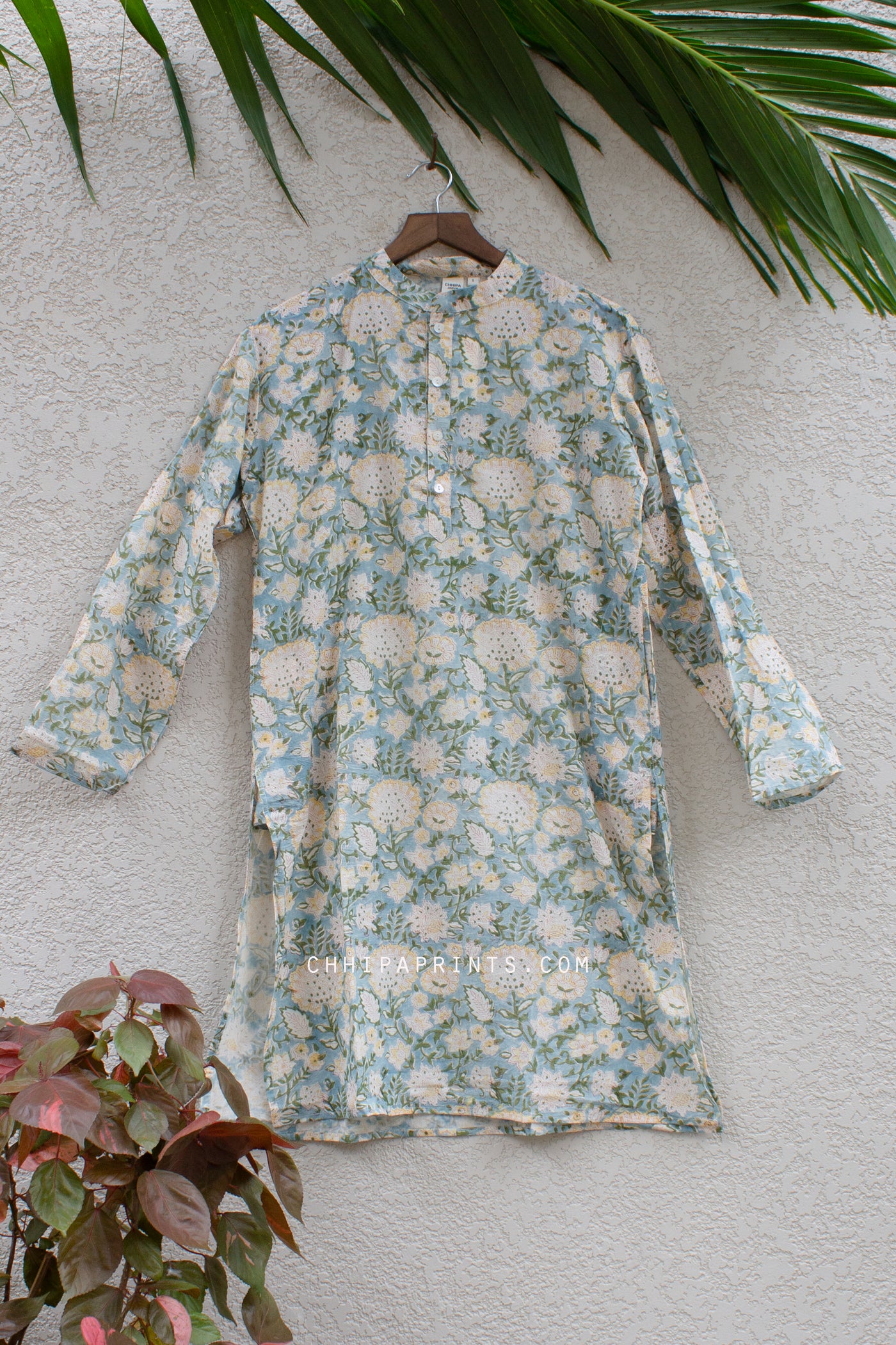 COTTON FLORAL JAAL PRINT MEN KURTA IN SEA GREEN