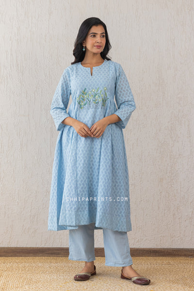 CHANDERI JACQUARD EMBROIDERED KURTA & PANT CO ORD SET IN BABY BLUE