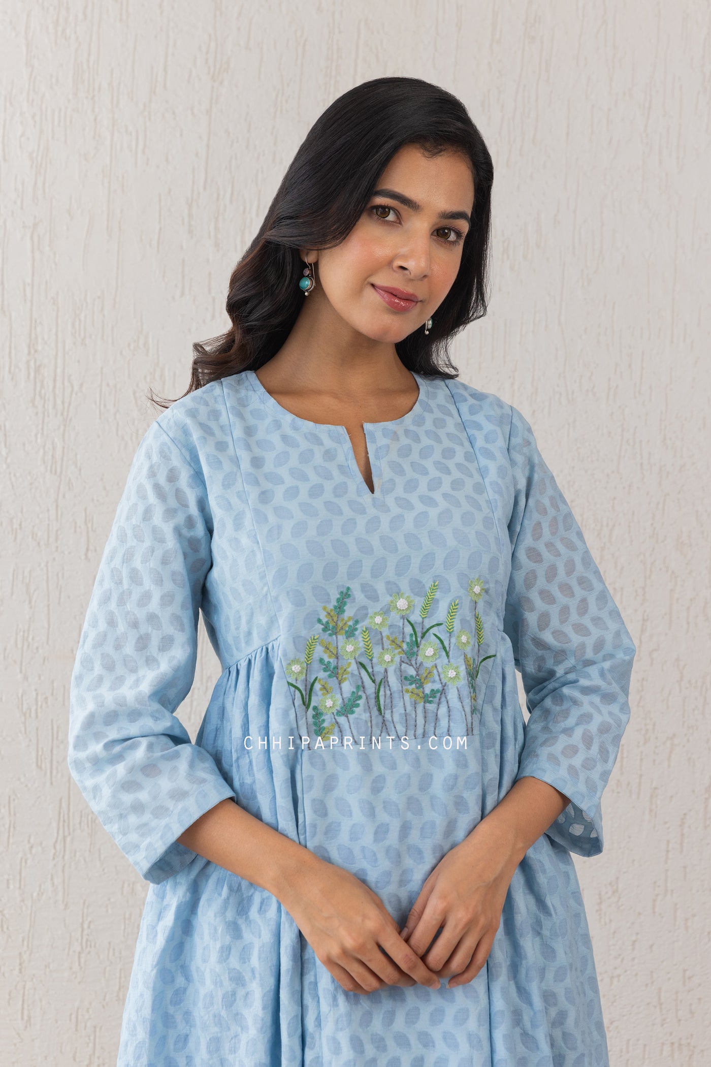 CHANDERI JACQUARD EMBROIDERED KURTA & PANT CO ORD SET IN BABY BLUE