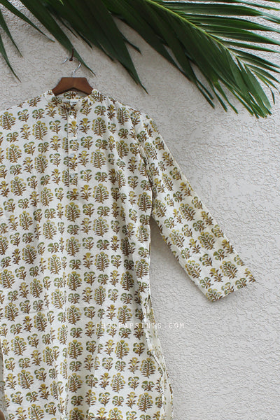 COTTON BUTI PRINT MEN KURTA IN SHADES OF GREEN