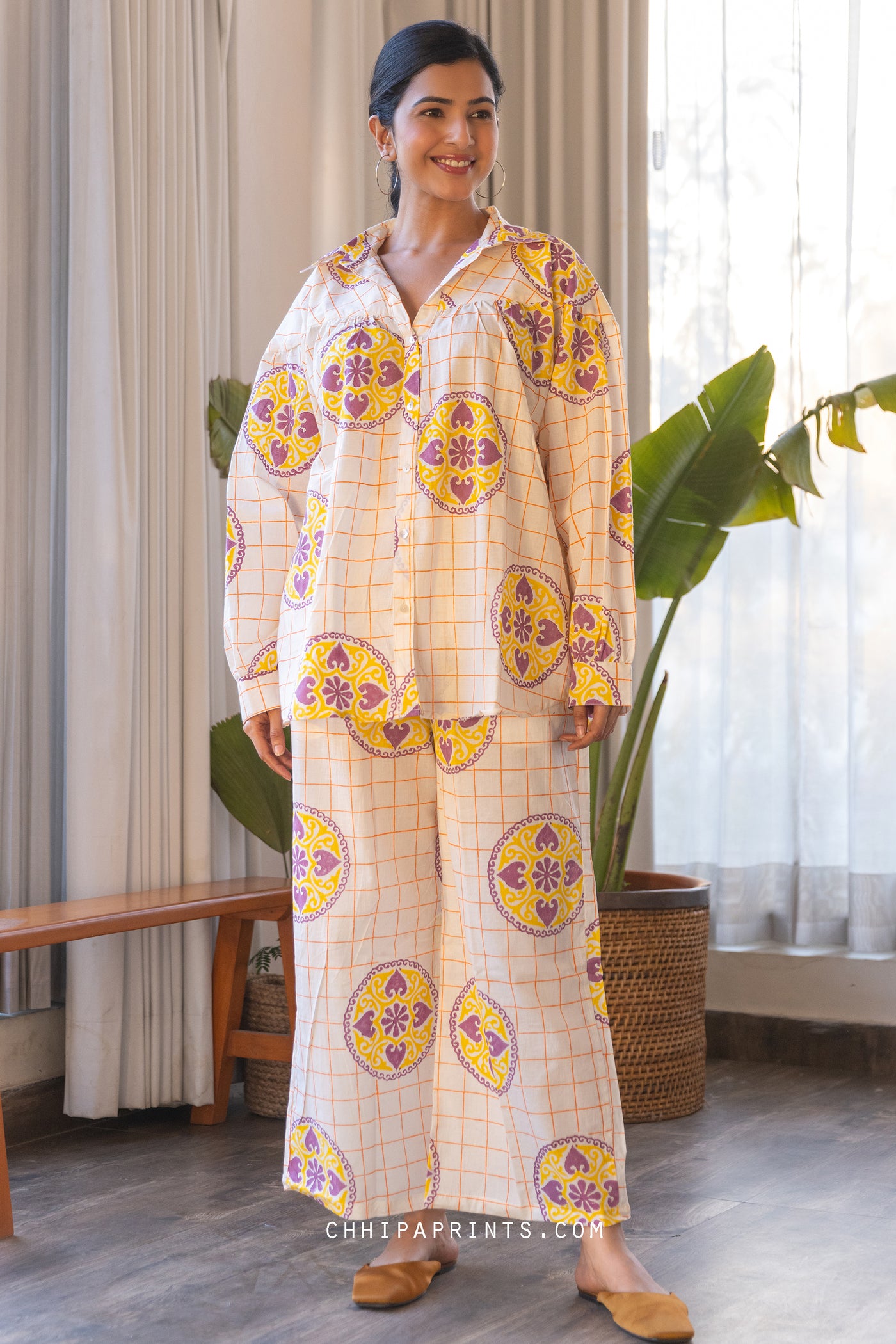 COTTON MANDALA CHECK PRINT SHIRT & PANT CO ORD SET IN Yellow & Purple