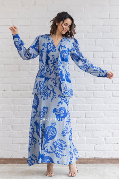 COTTON HAND PRINTED ANAR JAAL LONG SLEEVELESS DRESS IN SHADES OF BLUE