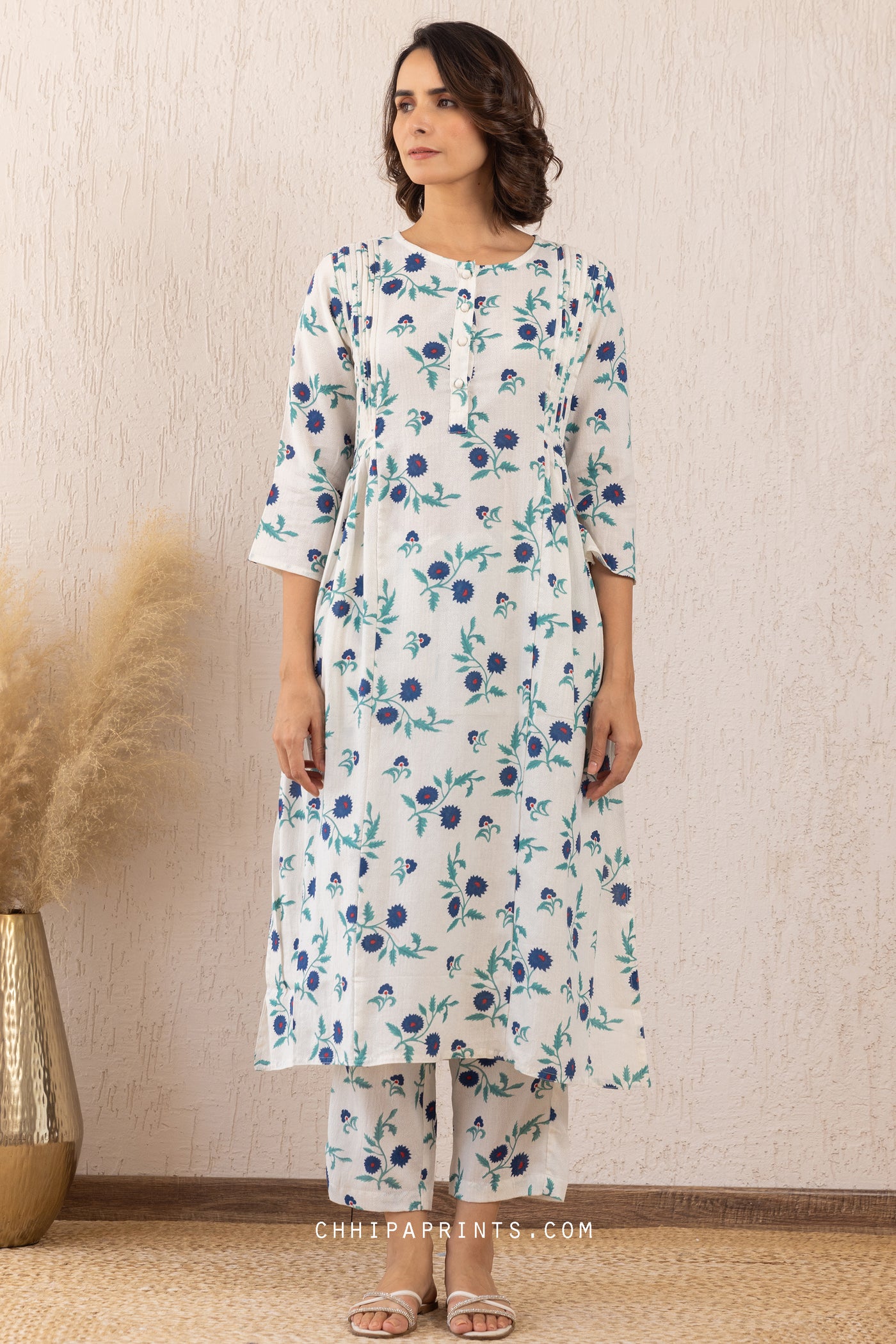 COTTON FLORAL PRINT KURTA & PALAZZO CO ORD SET IN BLUE