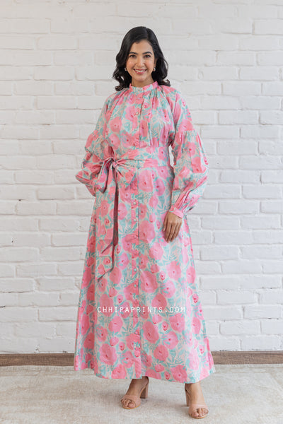 COTTON FLORAL HAND PRINTED MAXI DRESS IN SHADES OF CAMEO ROSE & PINK