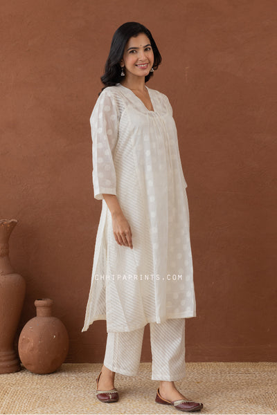 CHANDERI JACQUARD KORA KURTA & PALAZZO CO ORD SET IN IVORY