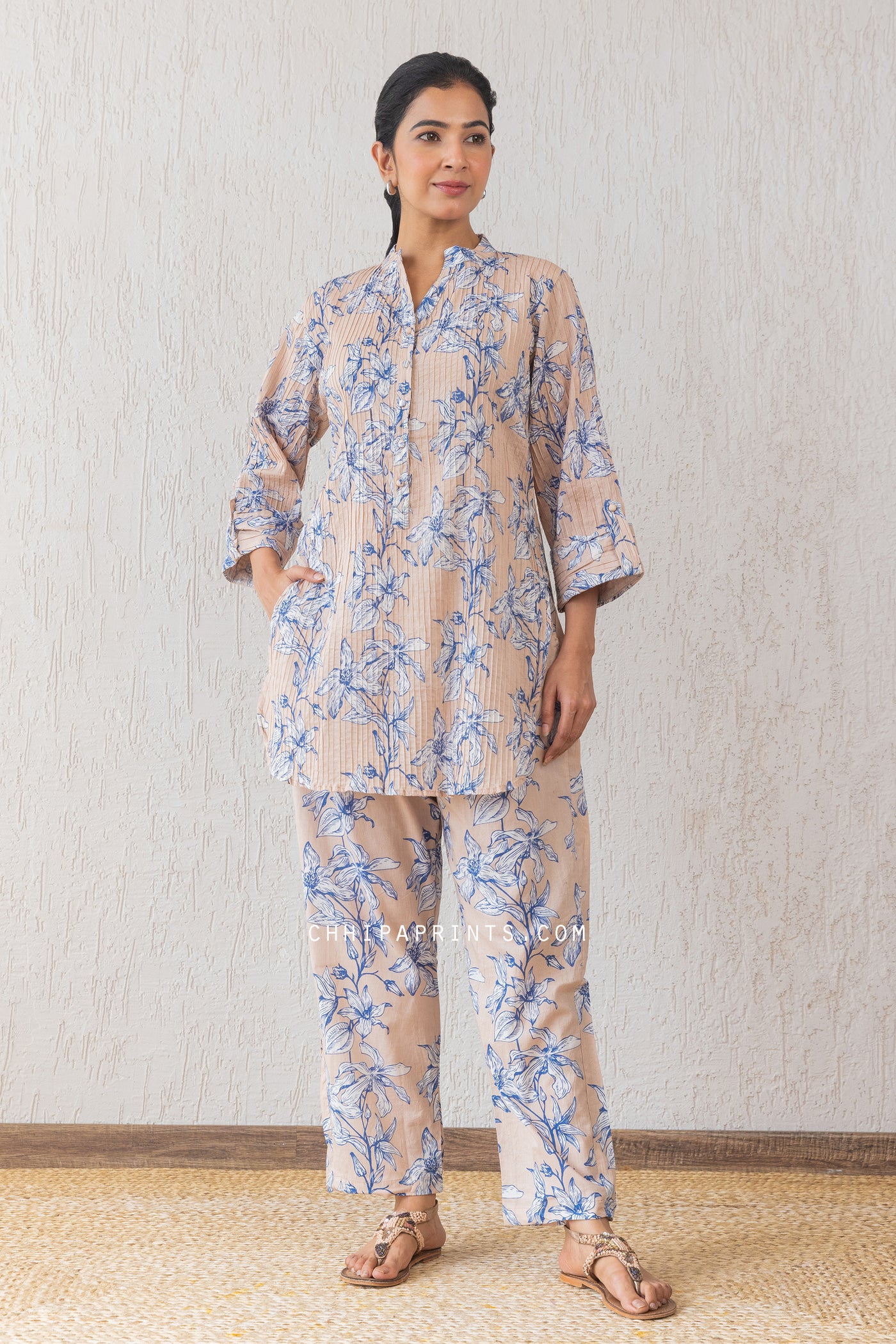 COTTON Hand Floral Print Pin Tuck CO ORD SET IN Beige & Navy