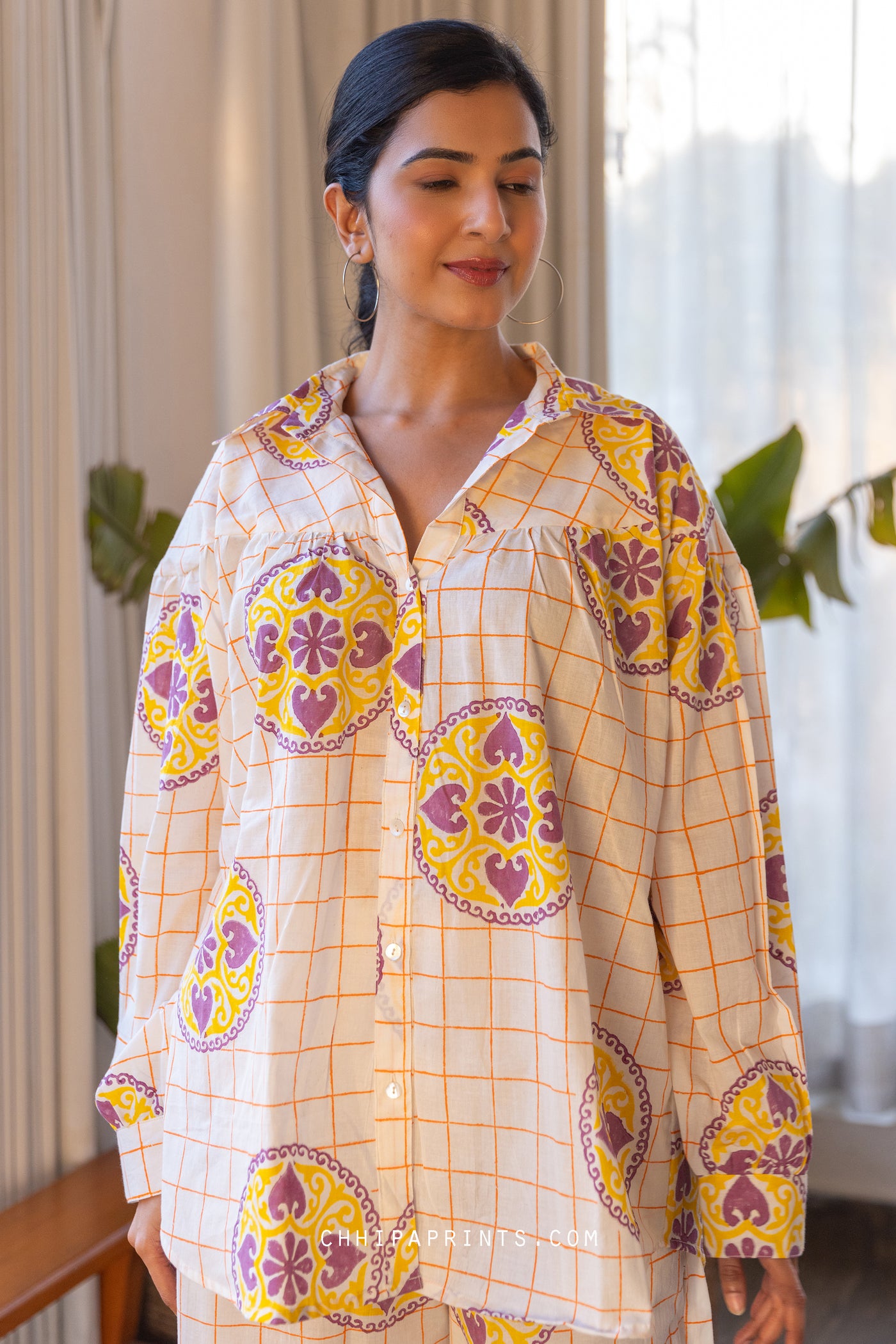 COTTON MANDALA CHECK PRINT SHIRT & PANT CO ORD SET IN Yellow & Purple