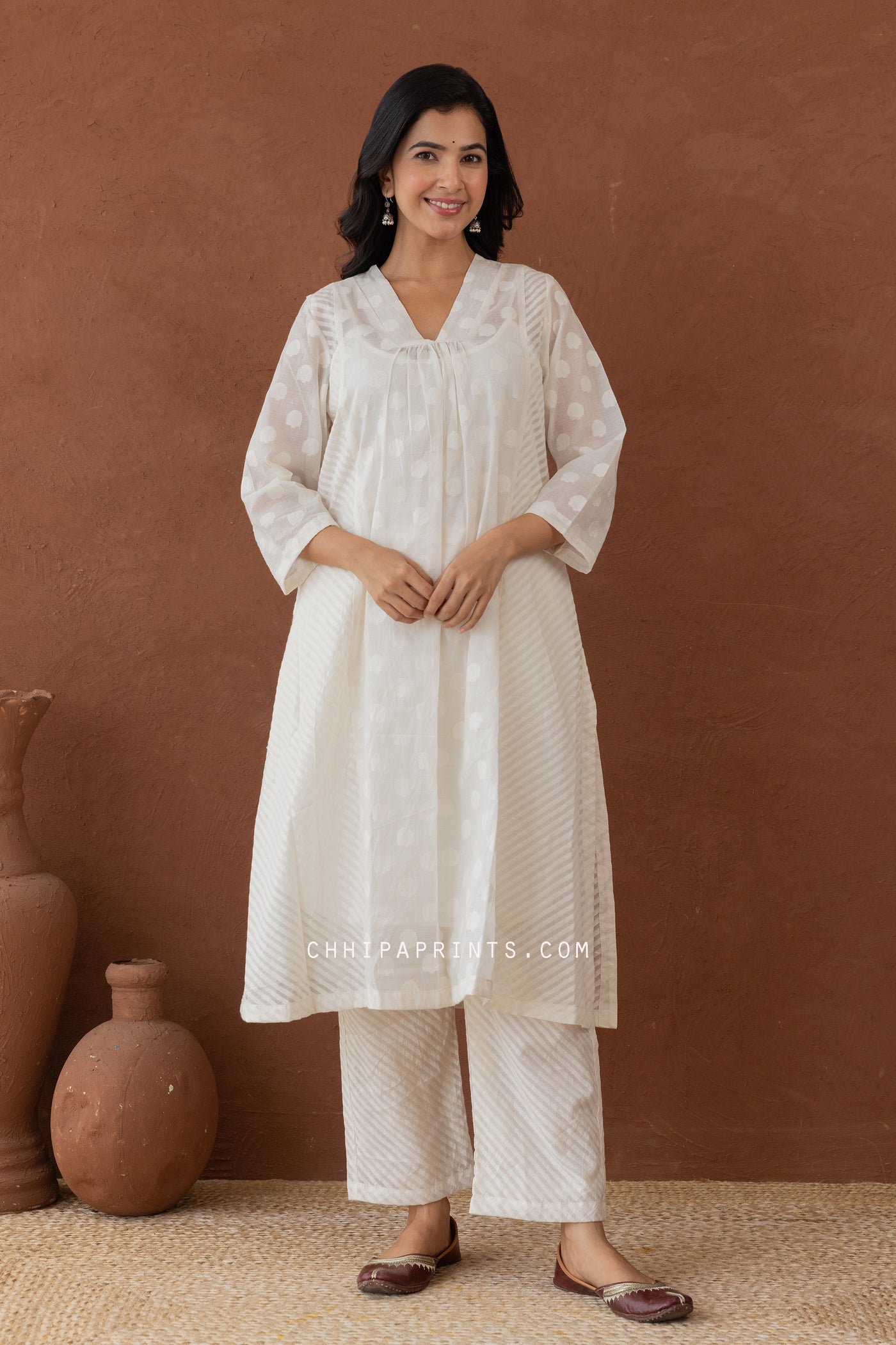 CHANDERI JACQUARD KORA KURTA & PALAZZO CO ORD SET IN IVORY