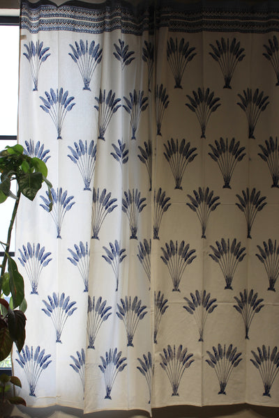 COTTON PALM TREE BLOCK PRINT CURTAIN IN SHADES OF BLUE & WHITE