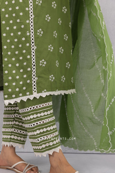 COTTON Buti Embroidery KURTA SUIT SET IN MEHANDI GREEN