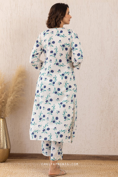 COTTON FLORAL PRINT KURTA & PALAZZO CO ORD SET IN BLUE