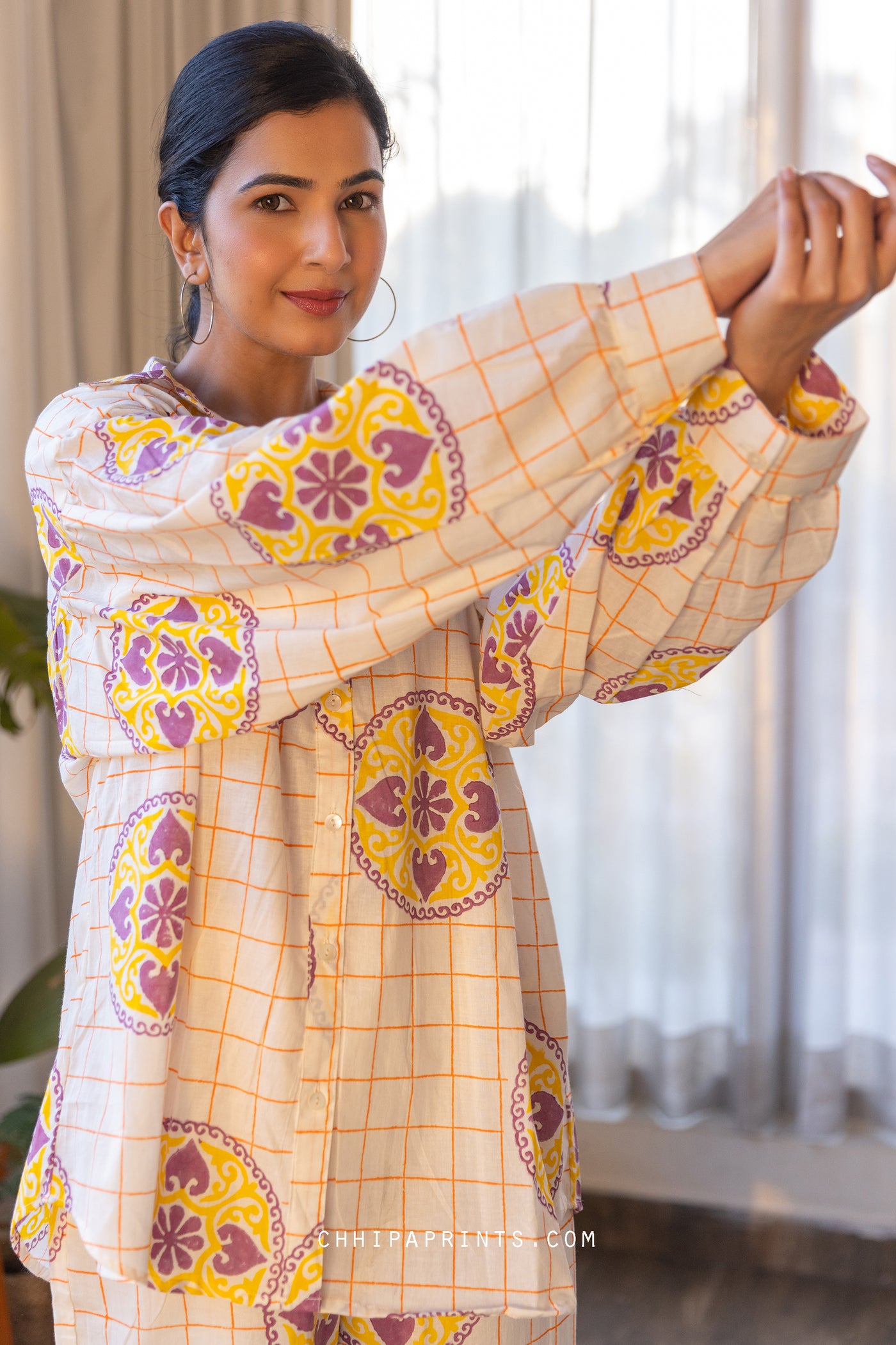 COTTON MANDALA CHECK PRINT SHIRT & PANT CO ORD SET IN Yellow & Purple