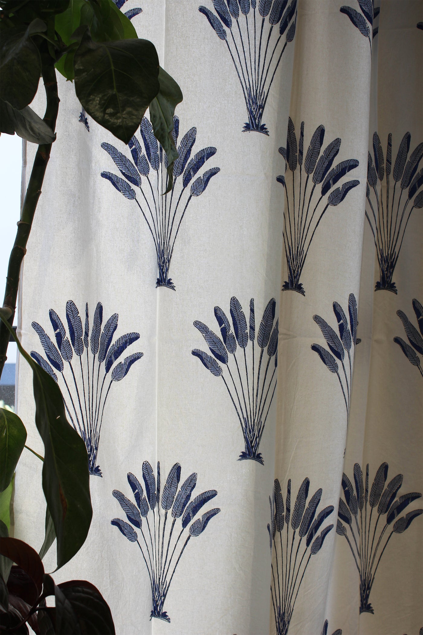 COTTON PALM TREE BLOCK PRINT CURTAIN IN SHADES OF BLUE & WHITE