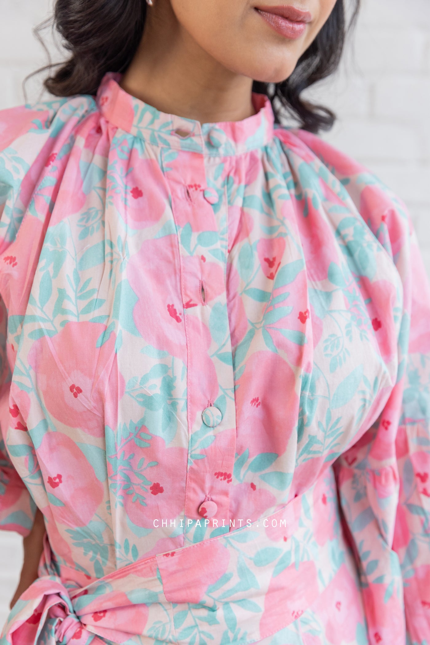 COTTON FLORAL HAND PRINTED MAXI DRESS IN SHADES OF CAMEO ROSE & PINK