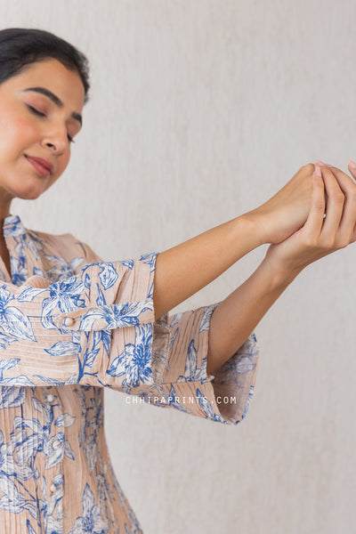 COTTON Hand Floral Print Pin Tuck CO ORD SET IN Beige & Navy