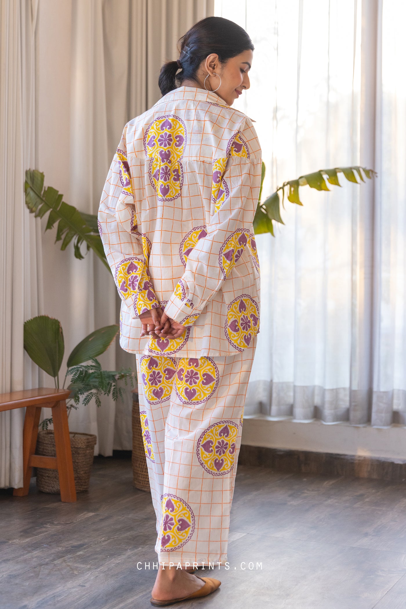 COTTON MANDALA CHECK PRINT SHIRT & PANT CO ORD SET IN Yellow & Purple