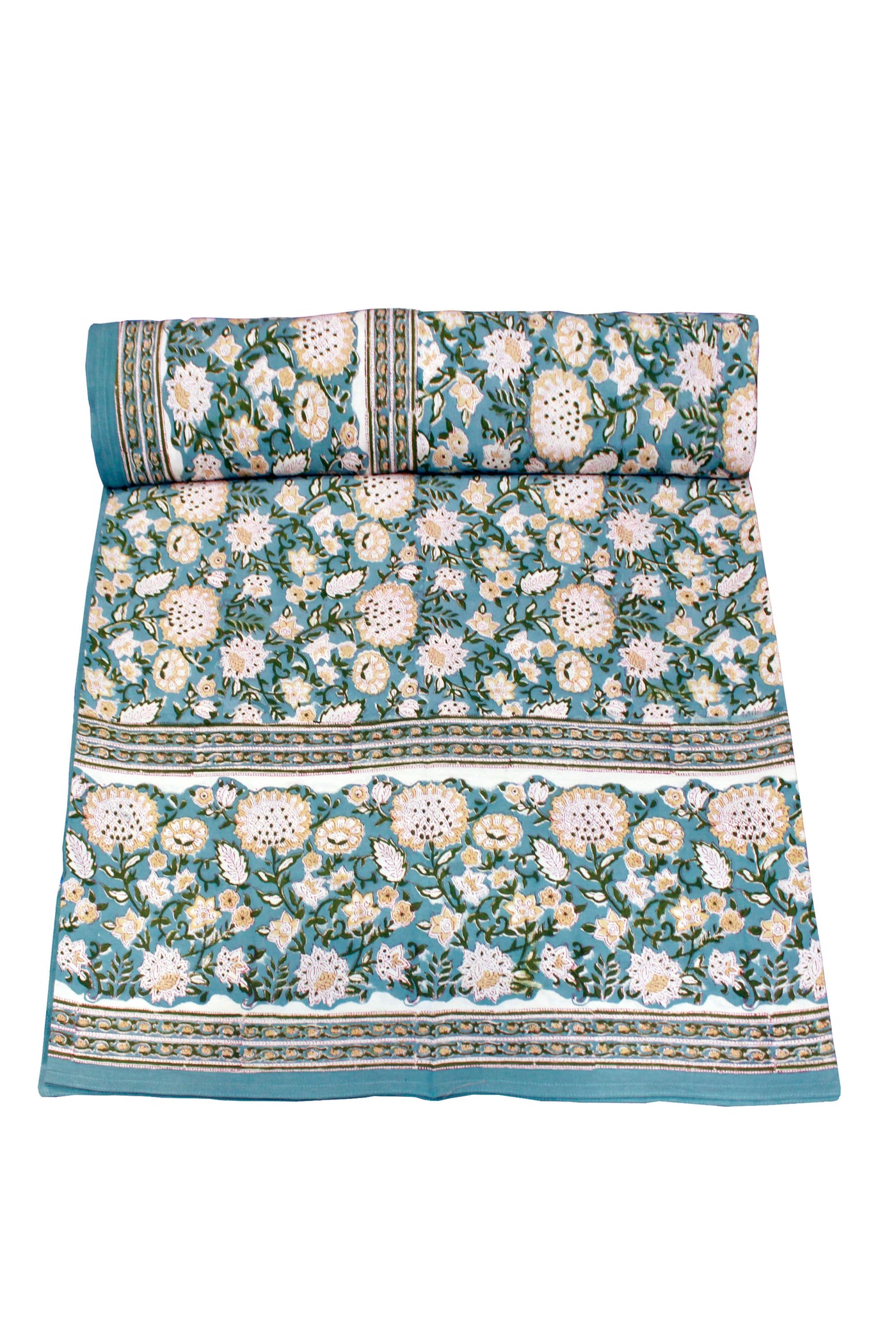 Cotton Mahin Flower Jaal Hand Block Print Bedsheet in Sea Green