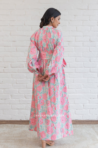 COTTON FLORAL HAND PRINTED MAXI DRESS IN SHADES OF CAMEO ROSE & PINK