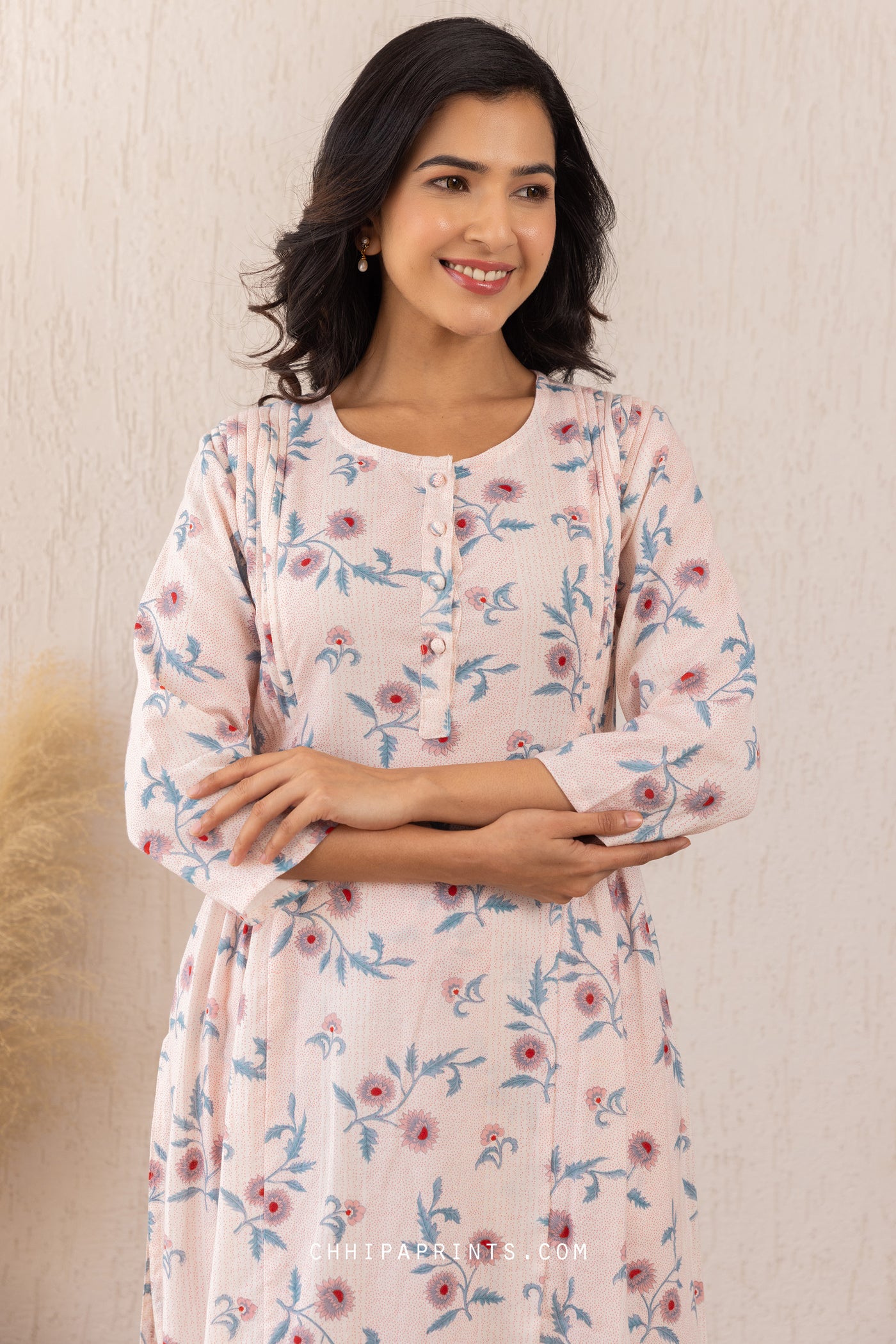 COTTON FLORAL PRINT KURTA & PALAZZO CO ORD SET IN PINK