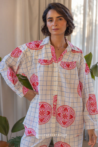 COTTON MANDALA CHECK PRINT SHIRT & PANT CO ORD SET IN Hot Pink