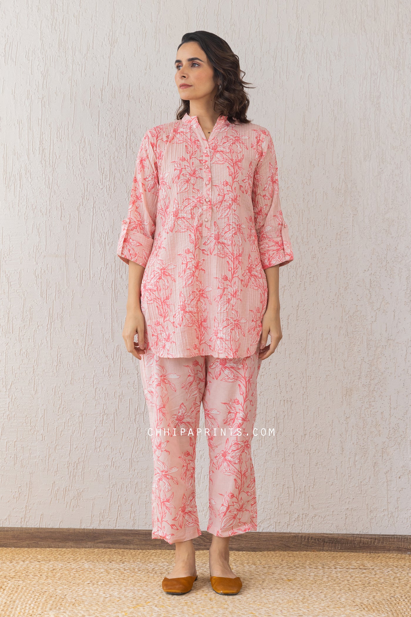 COTTON Hand Floral Print Pin Tuck CO ORD SET IN Cameo Pink