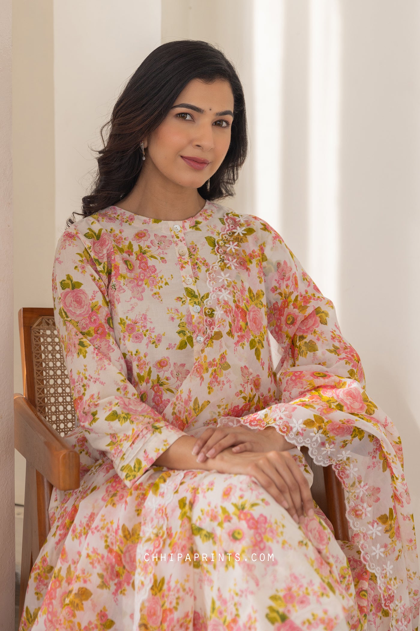 COTTON CHINTZ FLORAL PRINT KURTA SET IN SHADES OF PINK