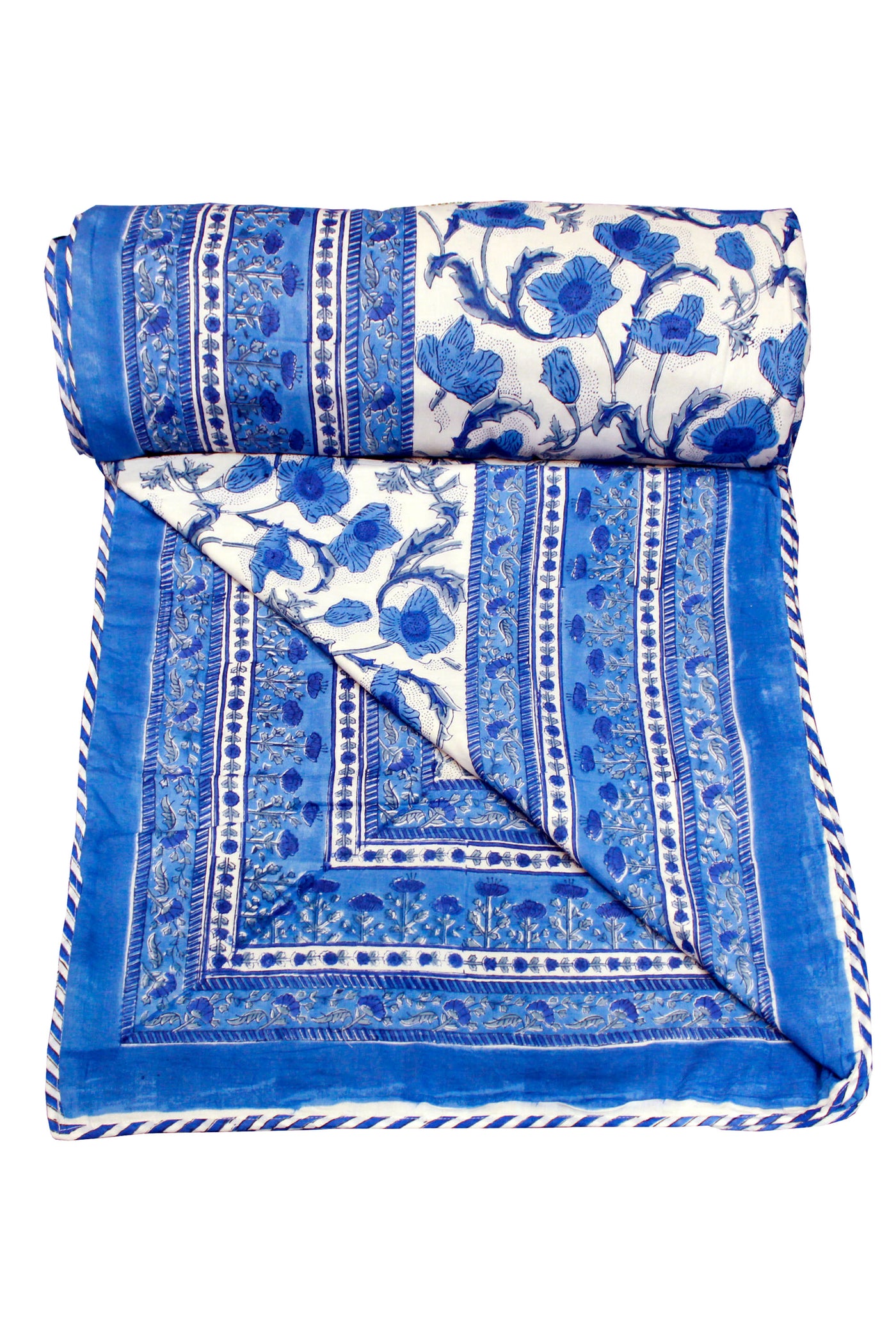Cotton Flower Jaal Hand Block Print Dohar in Mid Blue