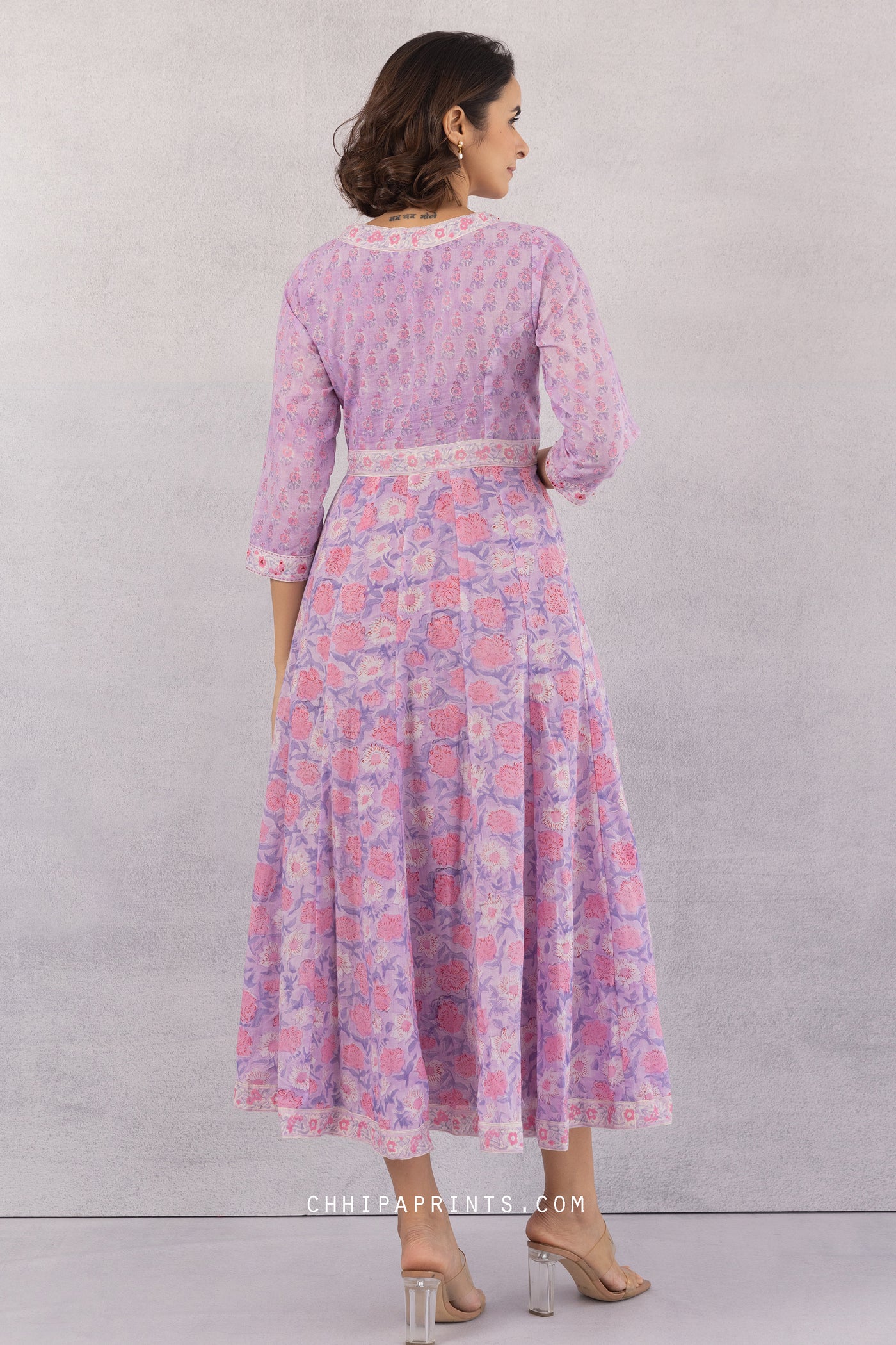 COTTON BLOCK PRINTS V NECK ANARKALI DRESS IN LAVENDER