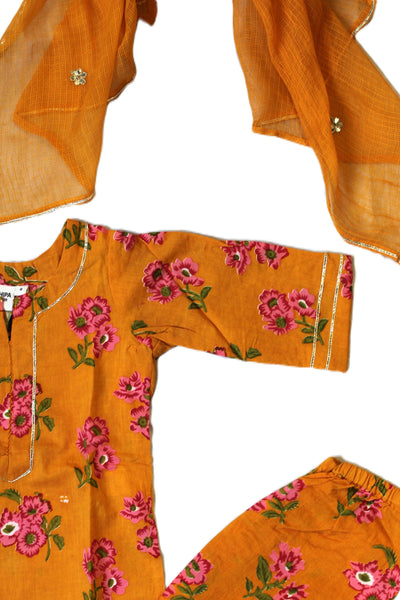 COTTON FLORAL PRINT GIRLS KURTA SET IN ORANGE