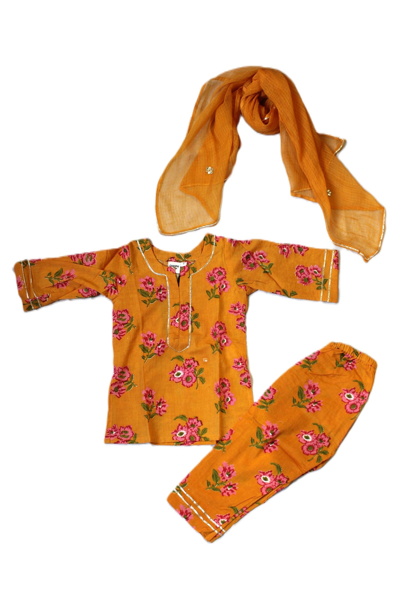 COTTON FLORAL PRINT GIRLS KURTA SET IN ORANGE