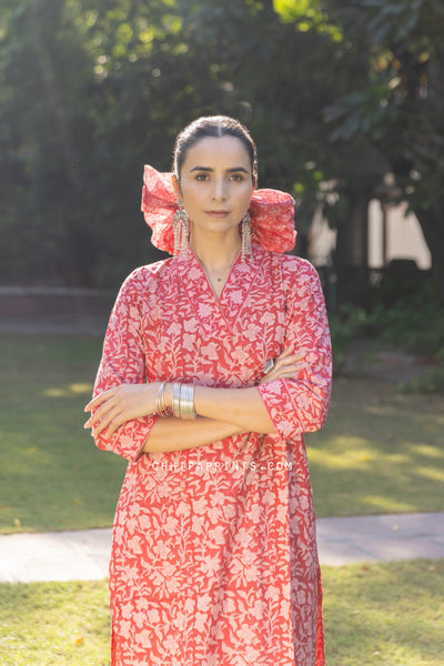 Cotton V Neck Block Print Suit Set in Shades of Red on Pink