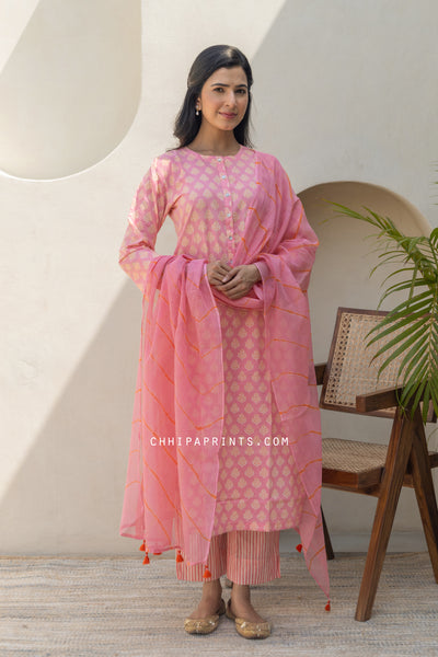 Cotton Mahin Buti Gud Print Kurta Set in Hot Pink