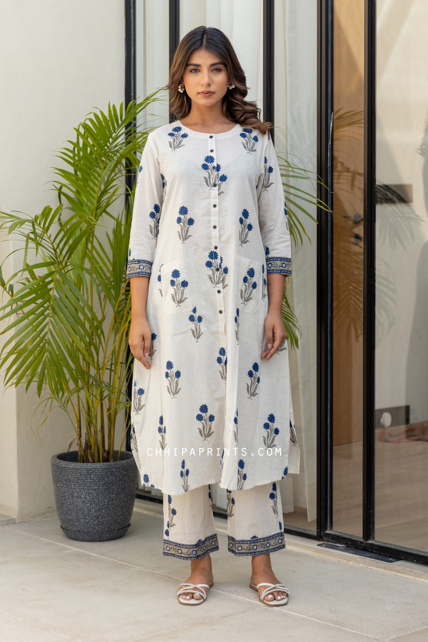 Cotton Mughal Boota Kurta & Palazzo Co Ord Set in Blue