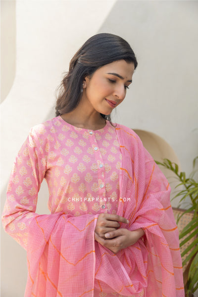 Cotton Mahin Buti Gud Print Kurta Set in Hot Pink