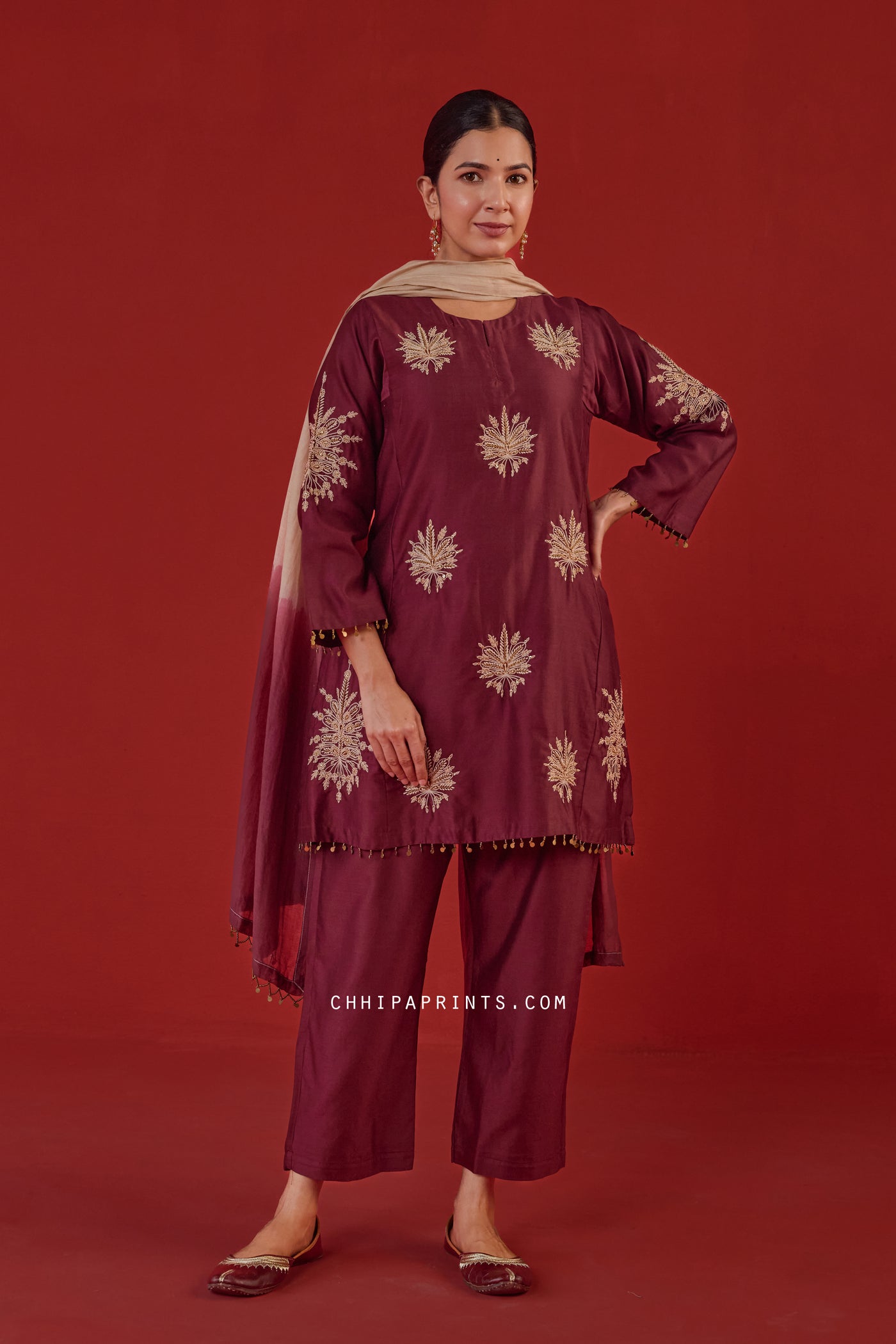 Chanderi Silk Hand Aari Embroidery Kurta Set in Burgundy